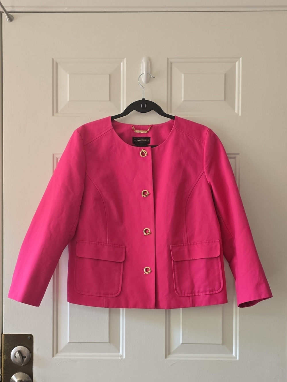 Dana Buchman Pink Collarless Jacket Gold Toggles Zebra Lined Sz 12 Flawed